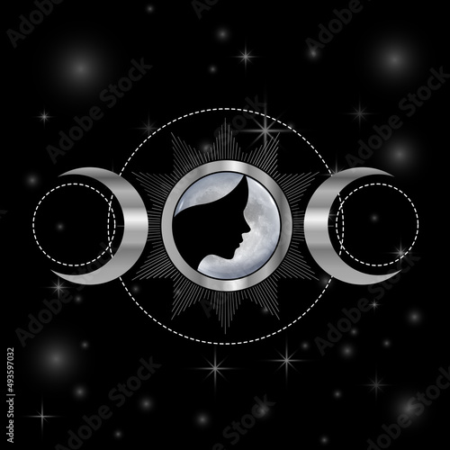 Triple moon fertility goddess Wiccan and pagan symbol silver