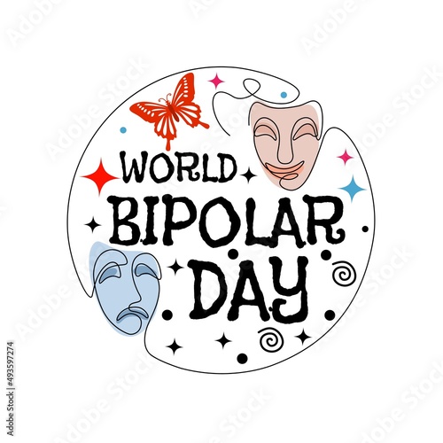 Design for world bipolar day, Bipolar disorder mental health thoughts connection, happy and sad faces, continuous line drawing.