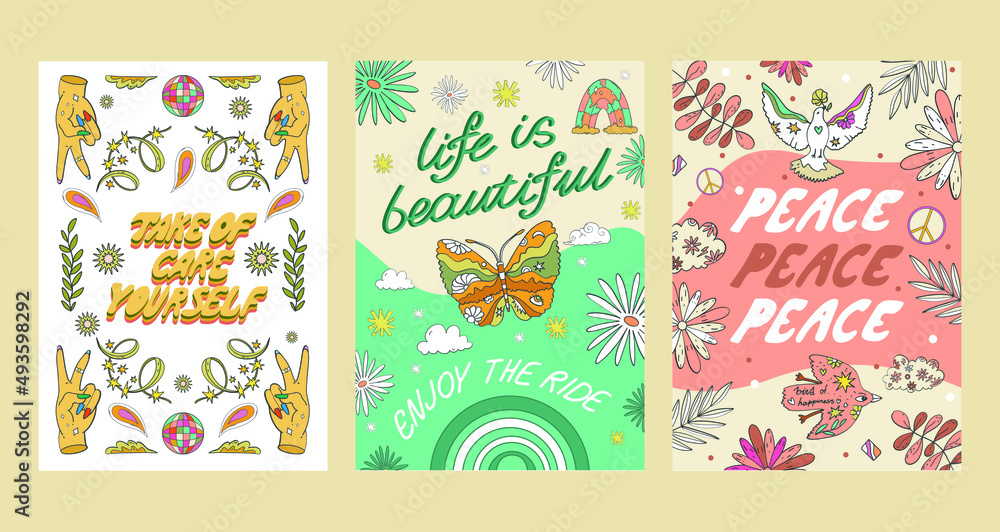 A large set of A4 hippie banners in retro 70s style, vector elements. Cartoon funny mushrooms, flowers, a rainbow, a set of vector elements in vintage style, an inscription. For banners, fabric, print