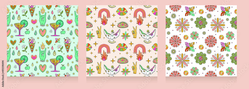 A set of abstract seamless patterns in the style of the 80-90s. Memphis fashion style, vintage. Colorful set of geometric backgrounds A set of abstract seamless patterns in the style of the 80-90s. Memphis fashion style, vintage. Colorful set of geometric backgrounds