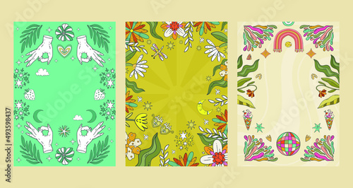 A large set of A4 hippie banners in retro 70s style, vector elements. Cartoon funny mushrooms, flowers, a rainbow, a set of vector elements in vintage style, an inscription. For banners, fabric, print