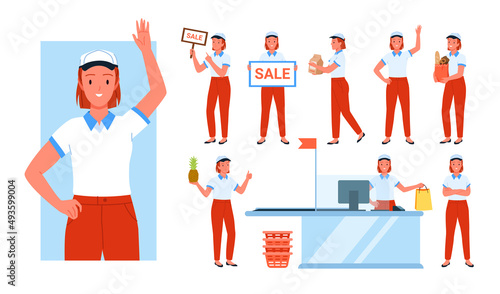 Set of seller girl during the work day in different poses. Smiling greeting sales assistant, kindly shop cashier, promotional products salesperson flat vector illustration