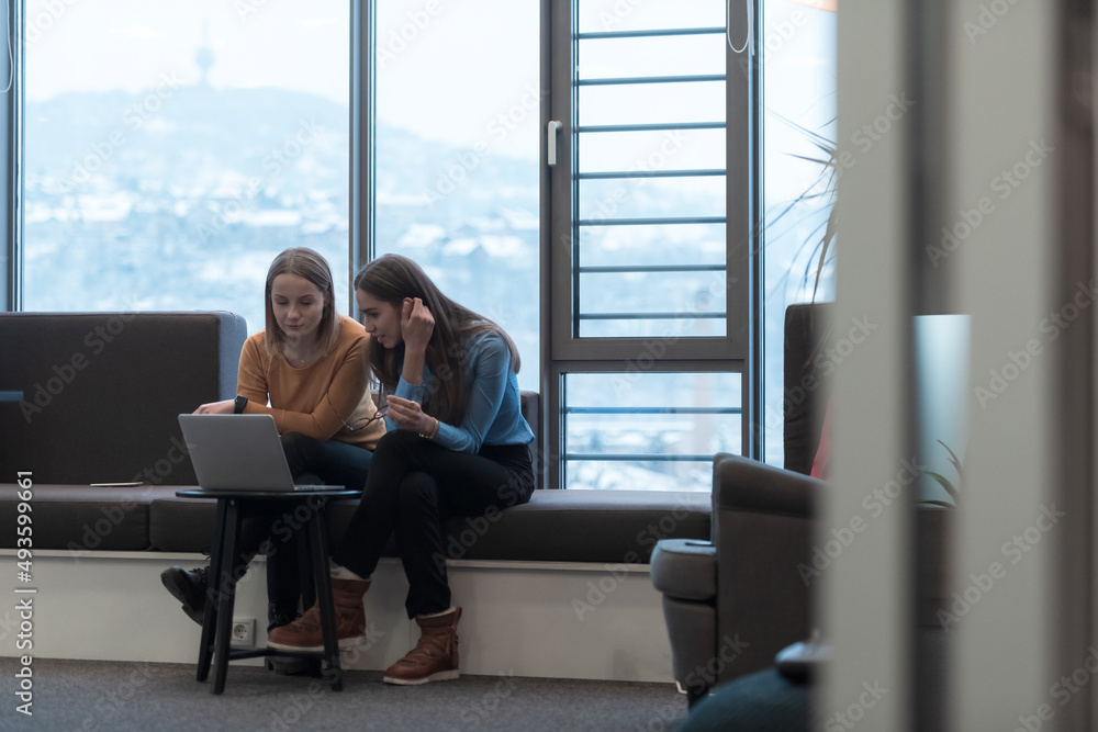 Two business women sitingt in a modern coworking space on a break from work and relax using a laptop. Selective focus Two business women sitingt in a modern coworking space on a break from work and relax using a laptop. Selective focus