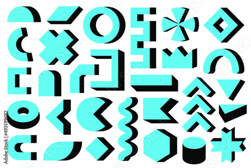 3D rendering, isometric, black and blue Memphis shapes, three dimensional abstract design elements isolated on white background. 3D Memphis set, geometric forms, figures and shapes for your design.