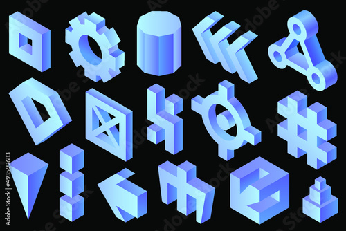 Abstract vector shapes, 3D rendering. Abstract isometric, 3d shapes in blue color isolated on black background. Glossy blue icons, three dimensional forms and figures, isometric symbols.