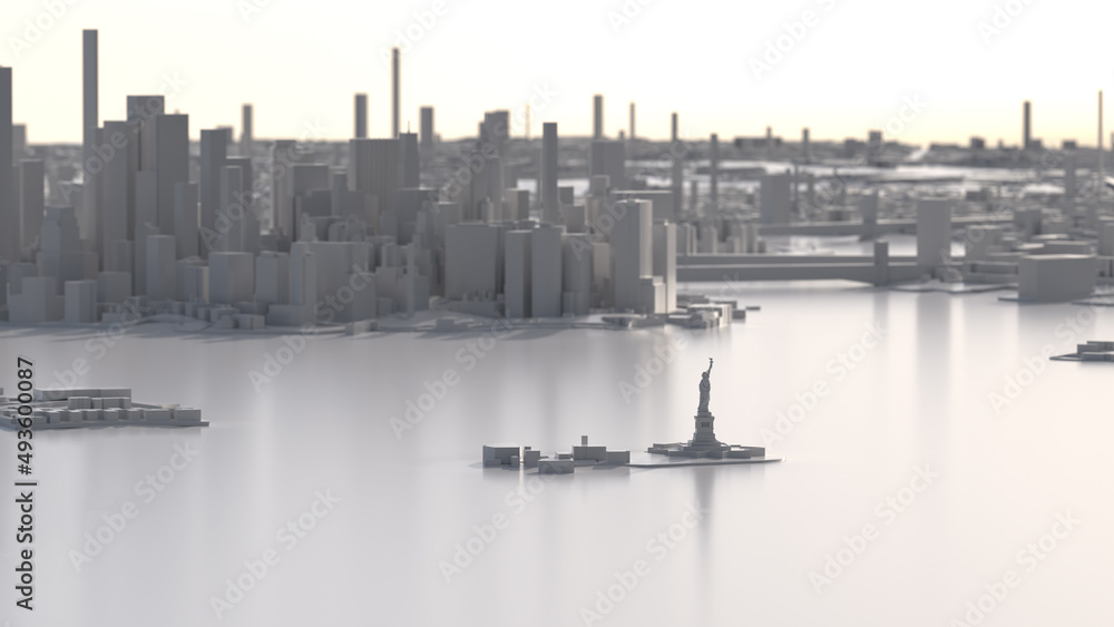 Naklejka premium New York as a white 3D model. The Statue of Liberty in focus and the New York skyline in the background in backlight.