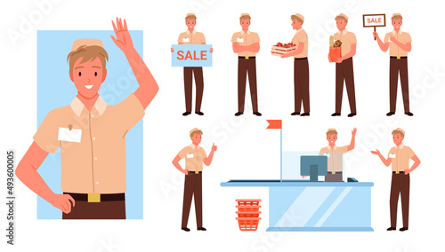 Set of smiling seller guy in diverse store working poses. Cashier shop assistant, consumers serving and consulting salesperson, guiding and welcoming clients flat vector illustration