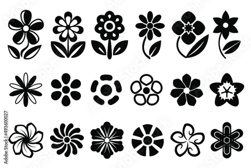 Set of floral elements, Black flat flowers isolated on white background. Abstract flower icons, stylized floral decoration. Flower flat designs for creating logos, invitations, patterns, postcards, 