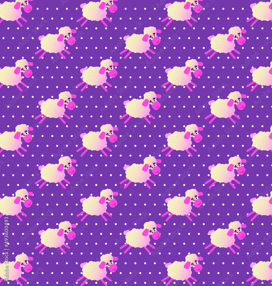 seamless pattern with lambs on purple background 