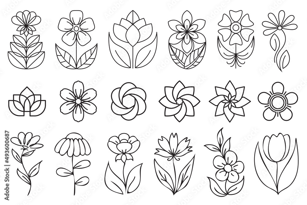 Outline floral icons. Set of outline flower icons with black thin line isolated on white background. Line art flowers illustration, simple geometric symbols, abstract petal signs.