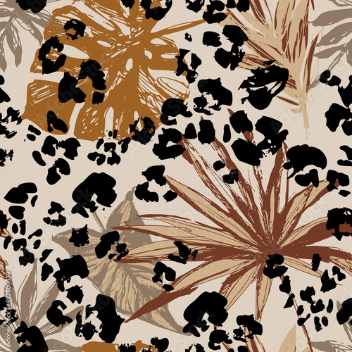 Abstract tropical leaves, grunge leopard camouflage spots background.