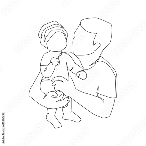 Father little kid line drawing. Abstract family continuous line art. Young dad hugging his son. Dad and son bonding