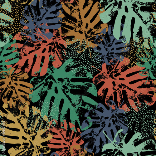 Abstract modern art illustration with tropical leaves filled with grunge, doo...