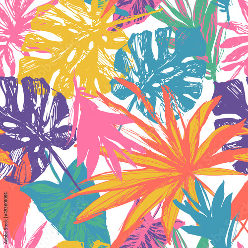 Modern tropical leaves with rough grunge textures creative seamless pattern