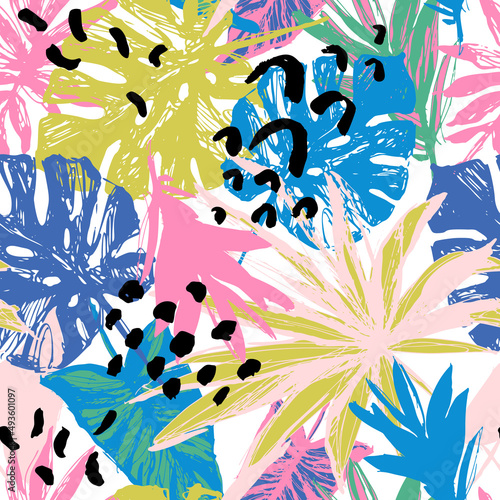 Modern tropical leaves with rough grunge textures creative seamless pattern