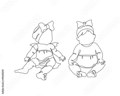 Continuous one line drawing of newborn cute baby girls.