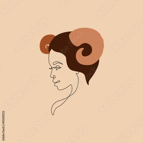 Aries woman astrological sign. Beautiful girl in flat line art style