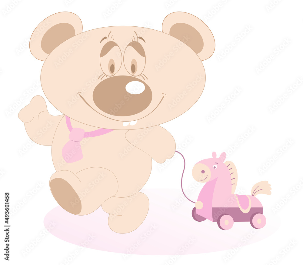 Fototapeta premium Cute Teddy Bear pulling a toy horse 