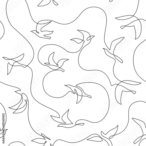 Abstract birds continuous one line drawing seamless pattern