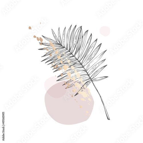 Minimal continuous line art palm leaf on geometric shapes, paint splatters, d...