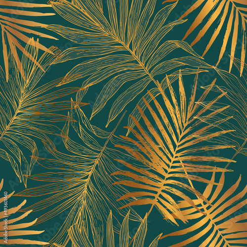 Abstract Palm leaf line art, silhouette on luxury green color background