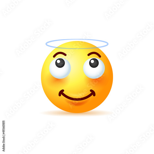 Holy yellow emoji with halo over head isolated on white background.