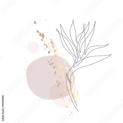 Minimal continuous line art flower on geometric shapes, paint splatters, drip...