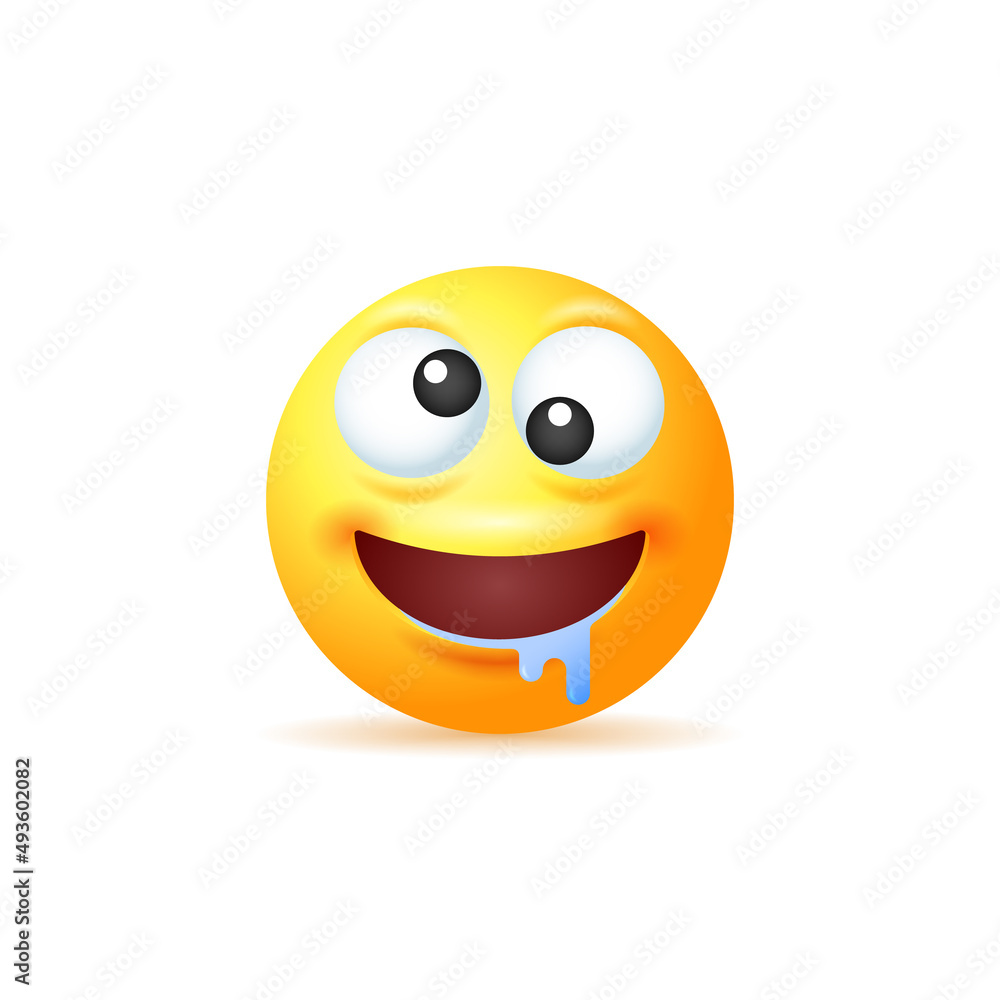 Fototapeta premium Crazy yellow emoji with salivation isolated on white background.