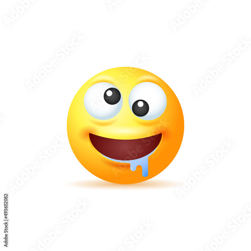 Crazy yellow emoji with salivation isolated on white background.