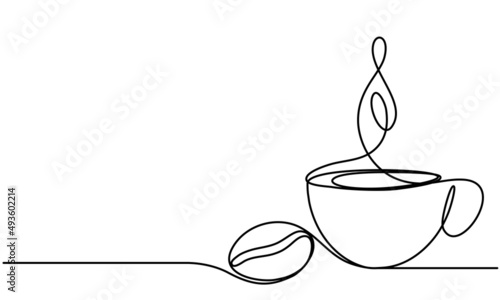 Cup of coffee and coffee bean. Hot. Aroma of coffeeContinuous line drawing. Sketch