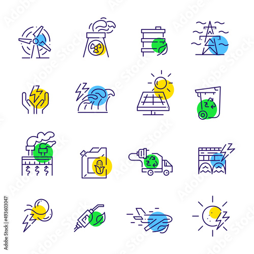 Sustainable energy generation and usage. Recycling and alternative power sources. Pixel perfect, editable stroke fun color icons set
