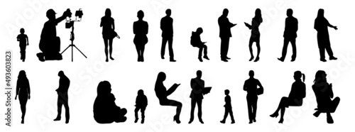 Vector silhouettes, Outline silhouettes of people, Contour drawing, people silhouette, Icon Set Isolated, Silhouette of sitting people, Architectural set	