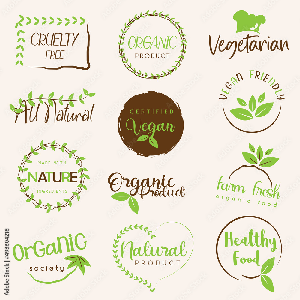 Fototapeta premium Collection of organic food, eco and natural products stickers, logo, badge, label and stamp for food market, e-commerce, healthy life food and drink promotion.