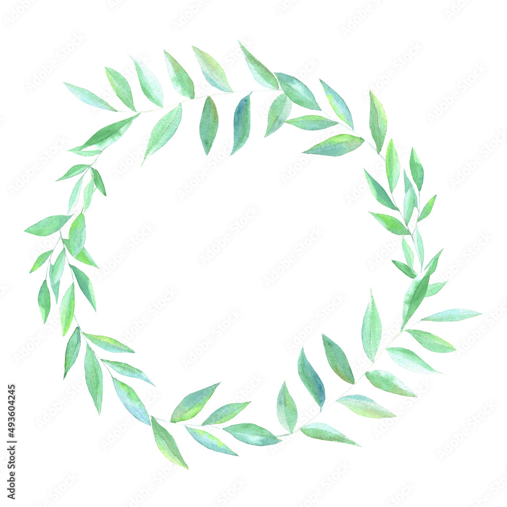 Watercolor floral wreath with foliage on white background