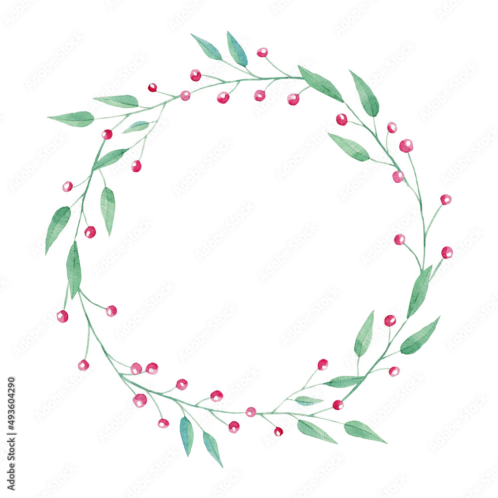 Watercolor floral wreath with red berries on white background