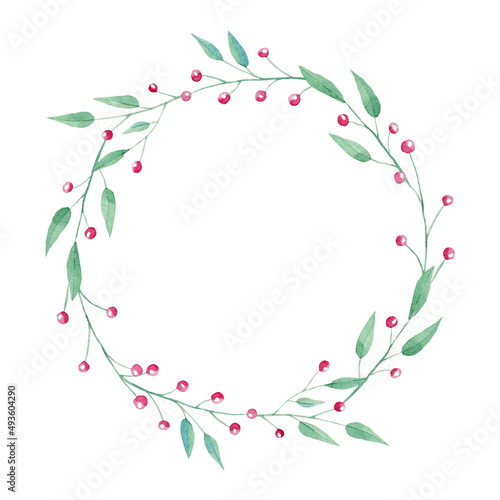 Wallpaper Mural Watercolor floral wreath with red berries on white background Torontodigital.ca