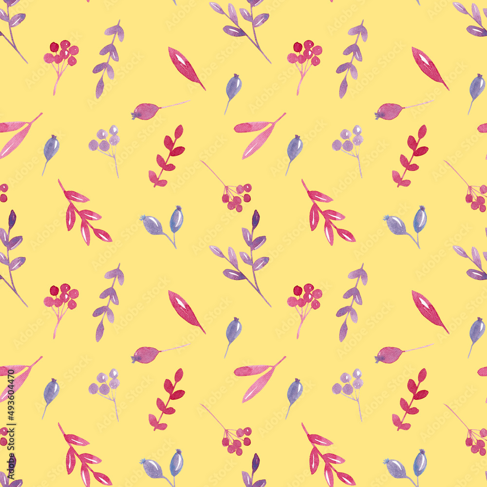 Seamless watercolor floral pattern with branches on yellow background