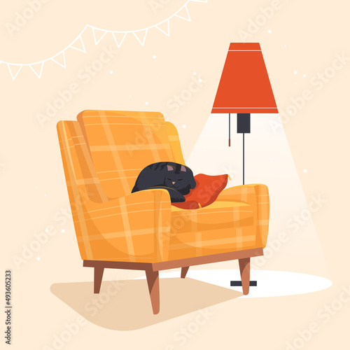 Cozy armchair with a sleeping cat. Cute stylish vector illustration. Cat sleeps on the couch. Perfect for furniture store, pet friendly cafe or hotel. Cozy home concept.