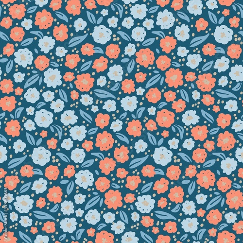 cute seamless floral pattern with simple blue orange flowers
