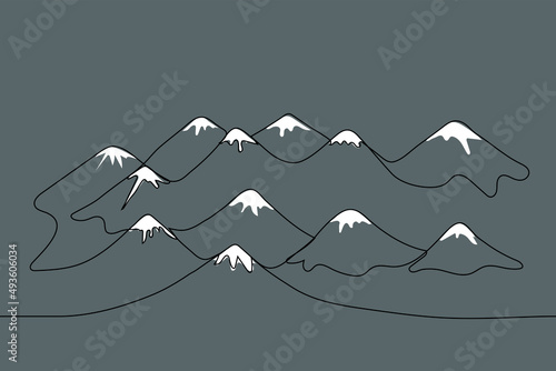 mountains with white peaks - one line drawing vector. horizontal dark mountains background