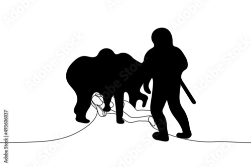 crowd of men in uniform and helmets kicks lying man who clutched his head, to help them another man with club - one line drawing vector