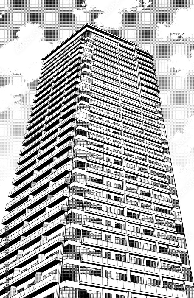Fototapeta premium 漫画風ペン画イラスト 住宅_マンション
