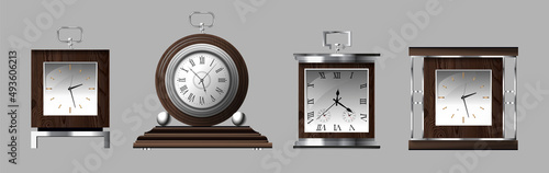 Clock time antique vintage ancient classic old traditional retro. Set of antique old realistic clocks design in detail. Premium Vector