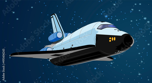 Vector illustration card with spaceship, space shuttle in space. Space history program, human exploration of near space. Picture with 3d model flying spaceship. Isolated