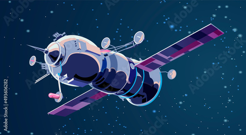 Vector illustration card with spaceship satellite in space with moon. Space history program, human exploration of near space. Picture with 3d model flying spaceship. Isolated