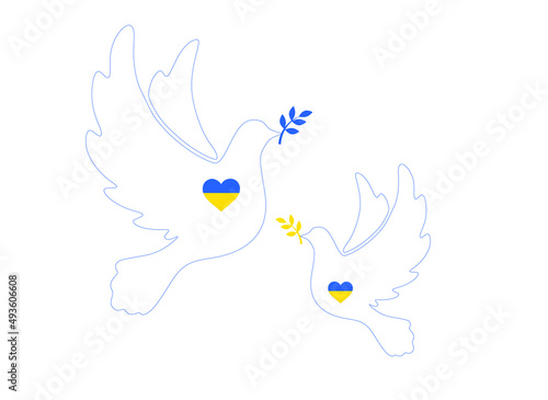 Heart-shaped icon with Ukrainian flag. Flying peace dove with olive branch logo symbol. Pray for Ukraine. Stop the war. 