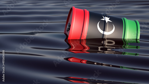 Oil drum with Lybia nation flag swimming in an ocean of black oil. 3D Rendering