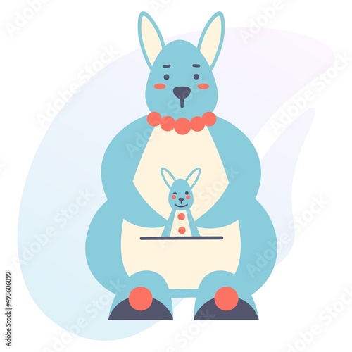 Cute mother kangaroo and kangaroo baby in a bag. Cartoon character on a white background. Simple flat style. Vector isolated illustration. Minimalism.