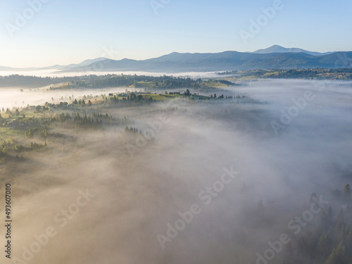 Morning fog in the Ukrainian Carpathians. Aerial drone view.