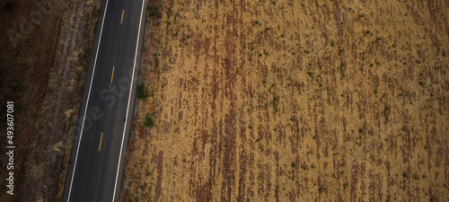 Aerial top down view of road in rural area, countryside.